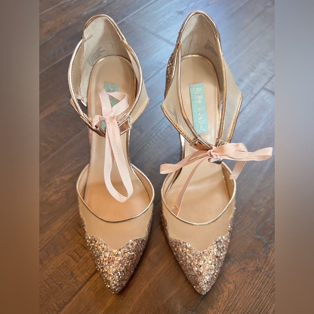Betsey Johnson Gold and Cream Stiletto Heels with Crystal Embellishments